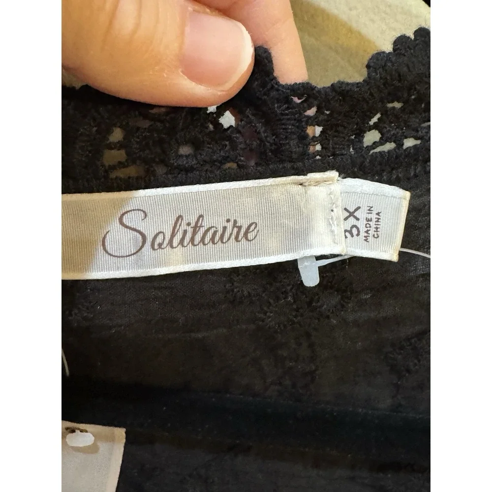 Solitaire Black Open Front Embroidered Eyelet Crochet Duster Cardigan Size 3X